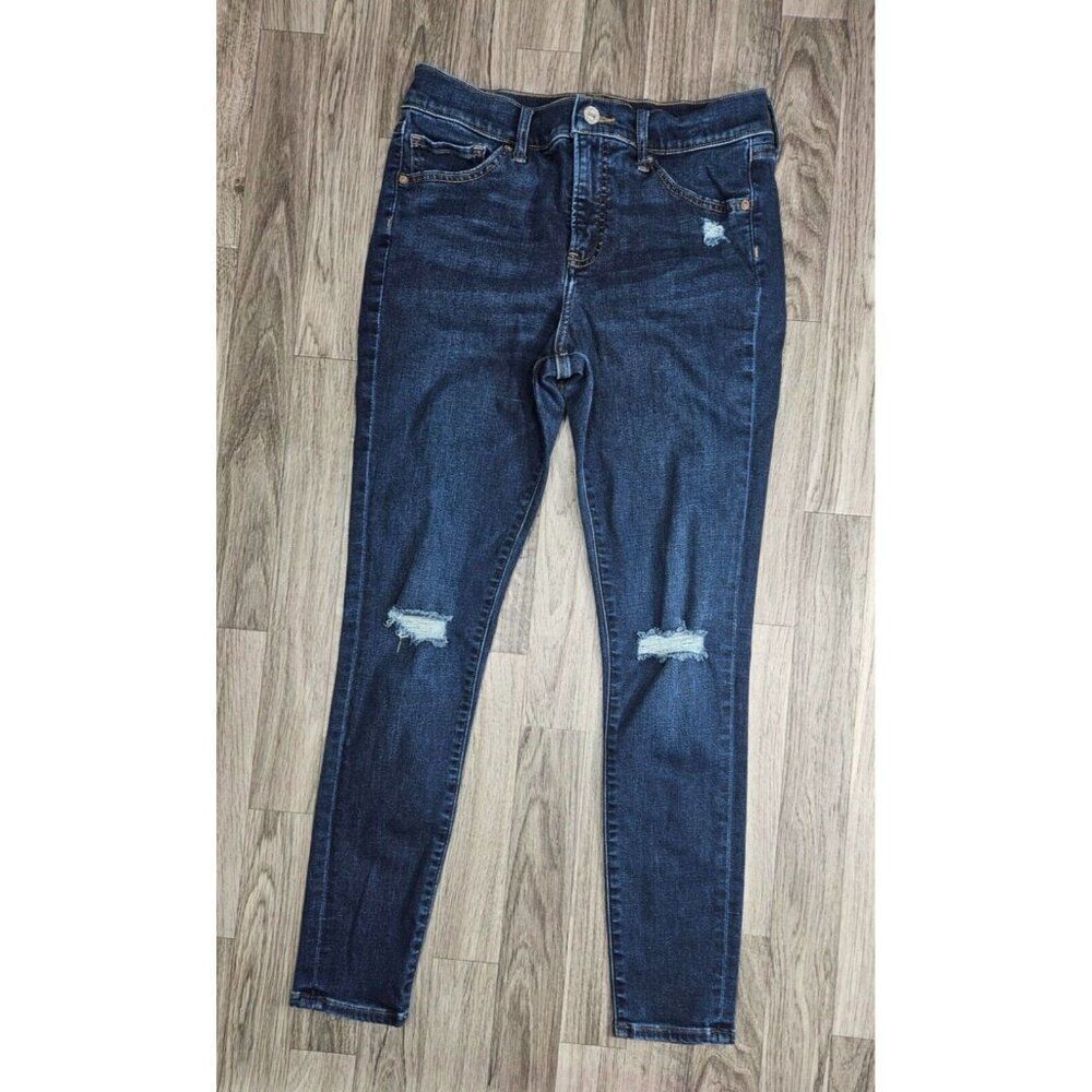 Express Size 8 R‎ Skinny Mid Rise Distressed Whiskered Denim Blue Jeans